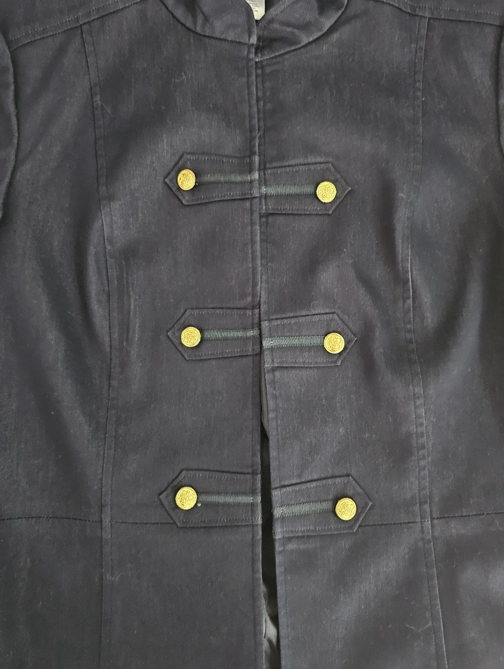 Sharon Young Dark Denim Stretch Military Jacket Gold Button Open Front Sz 12